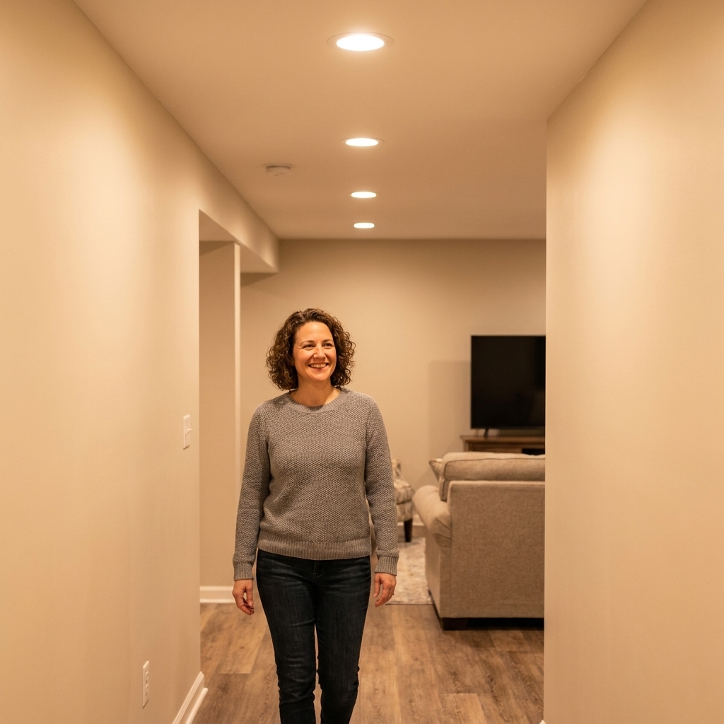 A basement ceiling with recessed lights turned on, casting warm 3000K-style light over light neutral painted walls and a hallway leading into a family room