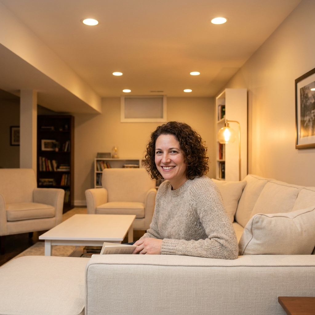 A basement living area with warm white painted walls, a low ceiling with recessed lights, and light-colored furniture that reflects light around the room