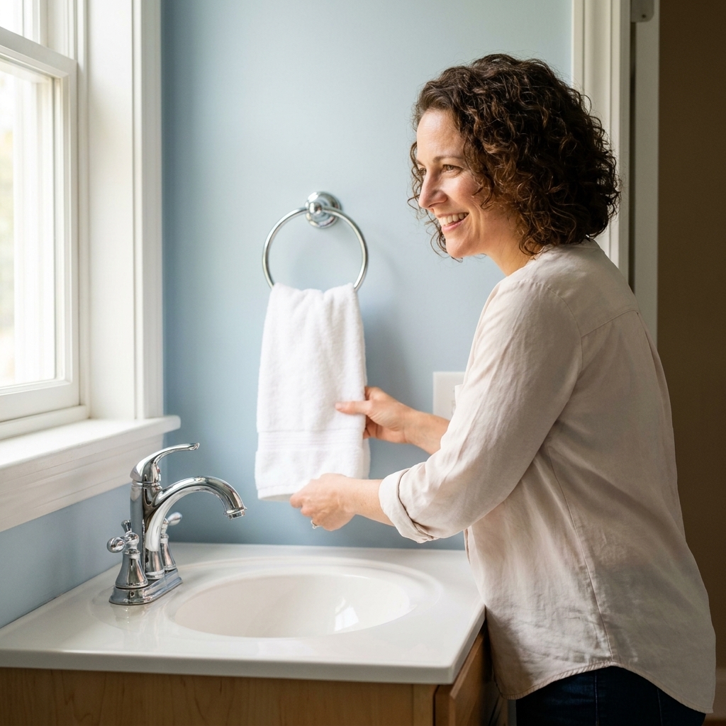 A bathroom vanity with a chrome faucet and towel ring against a pale blue painted wall, photographed in bright natural light