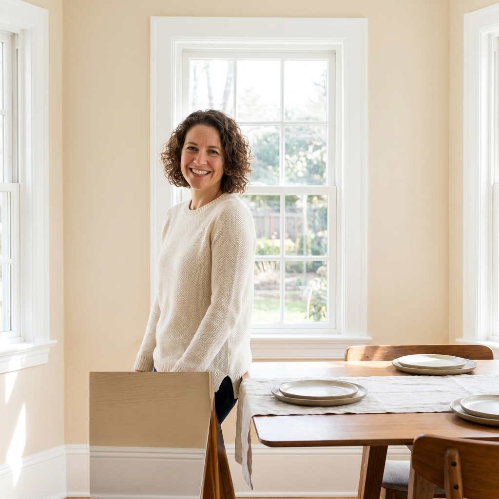 A bright dining room with pale warm walls and crisp white baseboards and window trim, showing sharp contrast around the windows in daylight