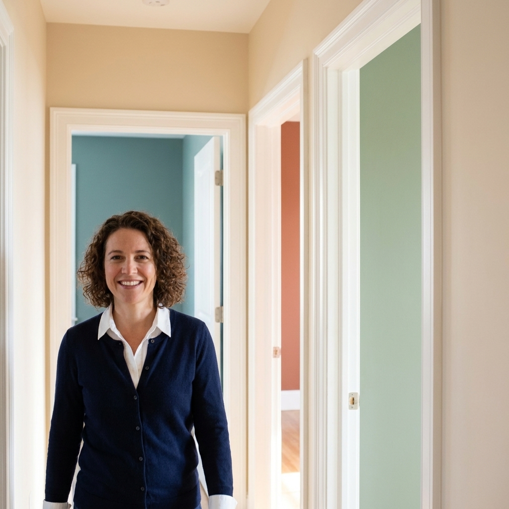 A bright hallway with multiple doorways where the hall is painted a light neutral and each room beyond the doorframes shows a different coordinated wall color