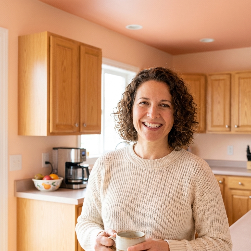 A bright kitchen with light cabinets and a softly colored ceiling that complements the wall paint and warms the space