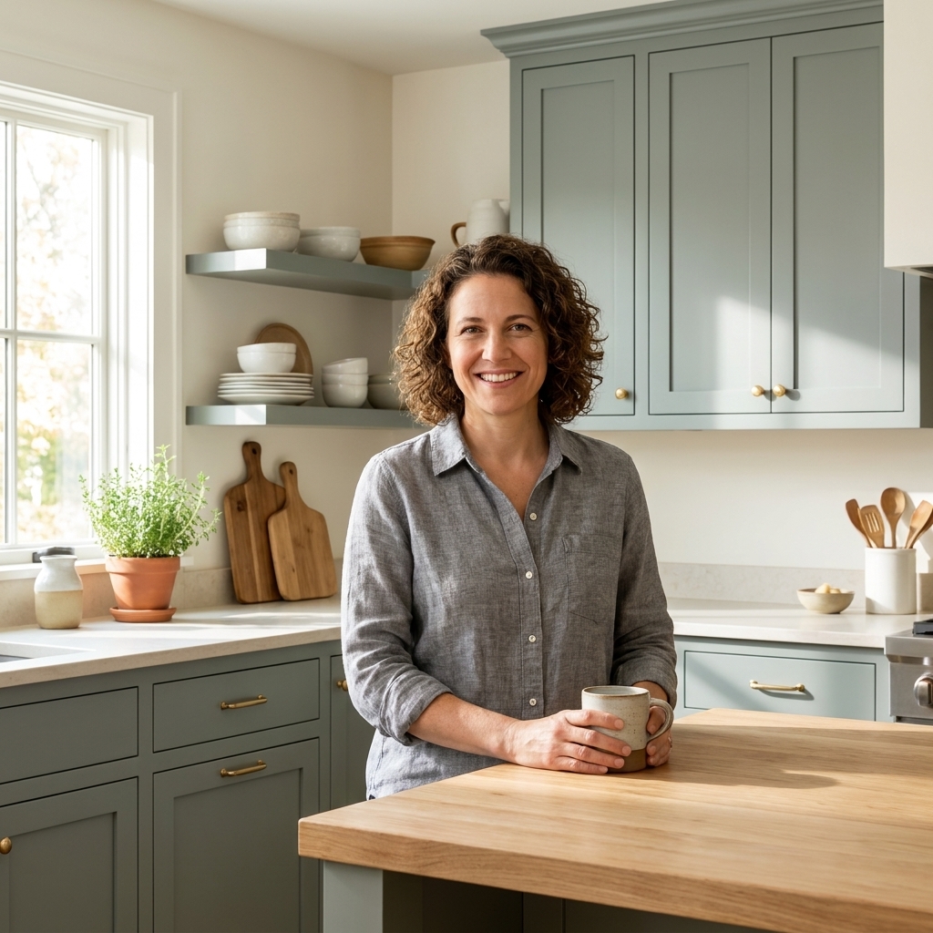 A bright kitchen with warm off-white walls, muted cool green-gray cabinets, brass hardware, and natural wood accents