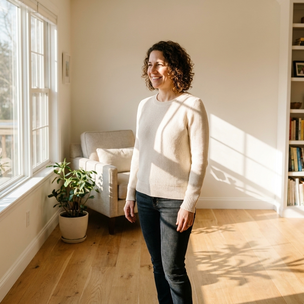 A bright living room with soft off-white walls, natural oak hardwood flooring, and sunlight casting gentle shadows across the floor