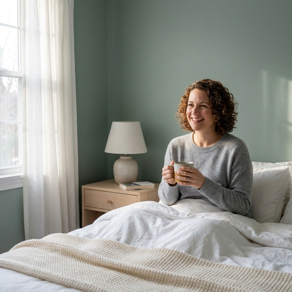 A calm primary bedroom with misty green walls, a white duvet, light wood nightstands, and soft morning light coming through curtains