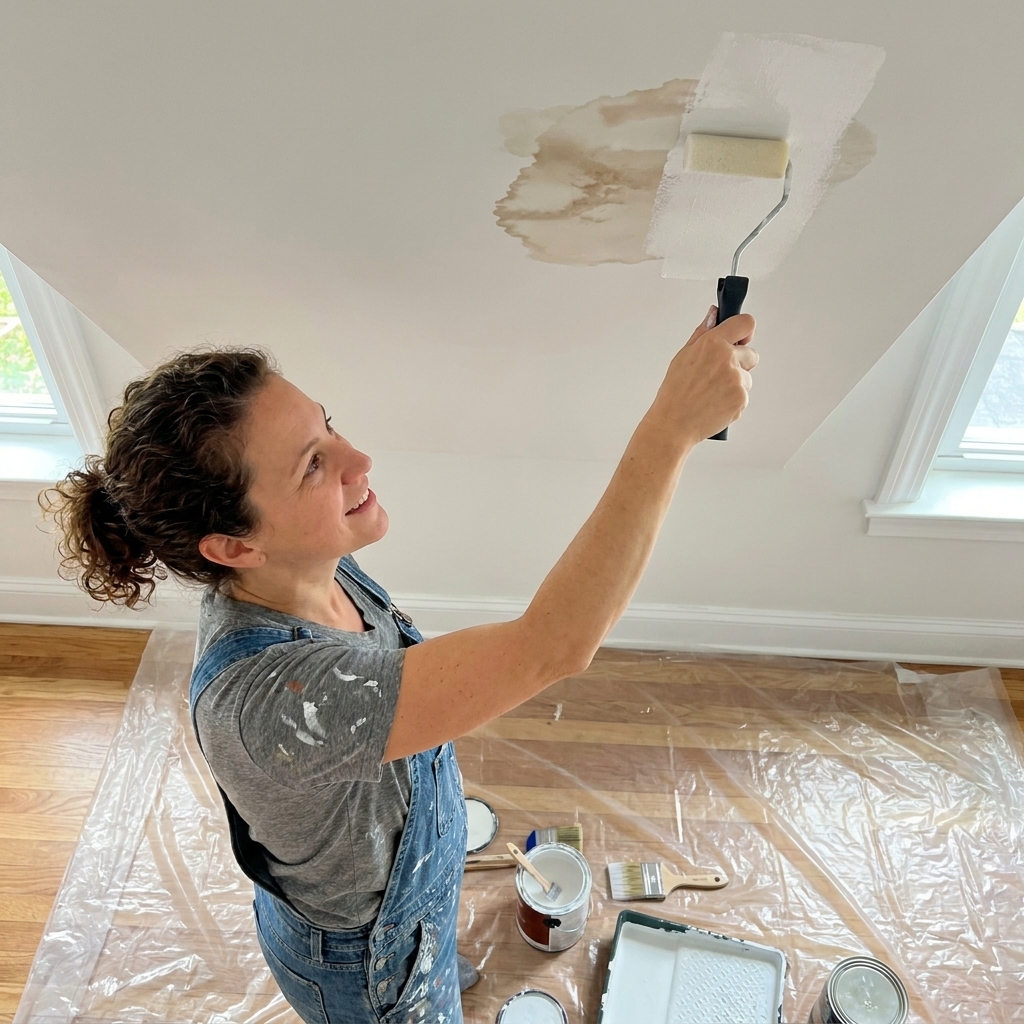 A ceiling with a brown water stain being sealed with shellac primer using a small roller, with a protective plastic sheet on the floor
