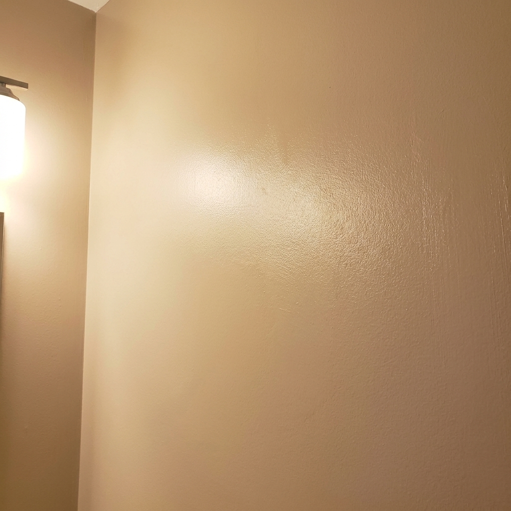 A close-up photo of a freshly painted bathroom wall showing a soft satin sheen reflecting a small amount of light from a vanity fixture