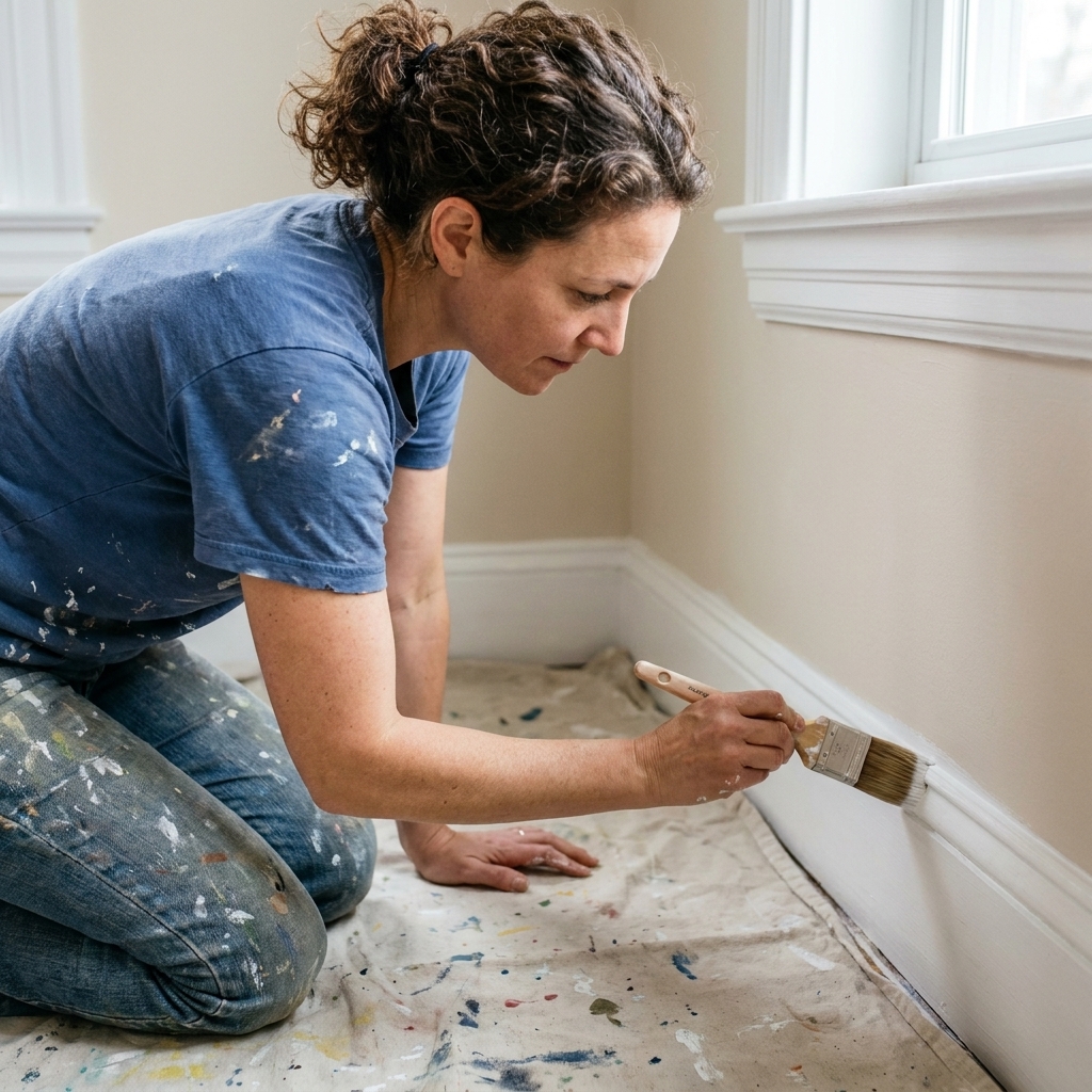 A close-up photo of a person painting white baseboards with an angled sash brush along a wall, with a canvas drop cloth on the floor