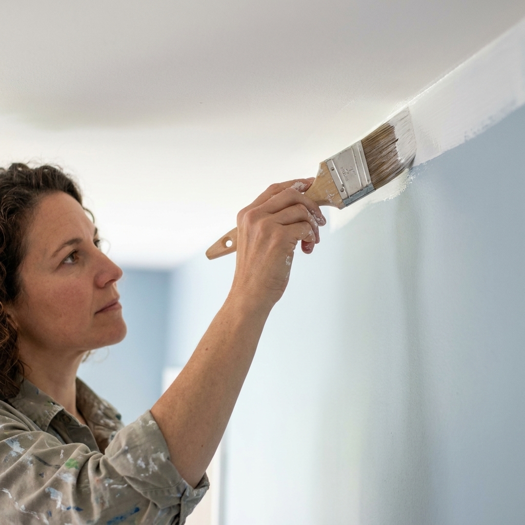 A close view of a crisp wall-to-ceiling paint line being formed with an angled sash brush, with wet paint just below the ceiling