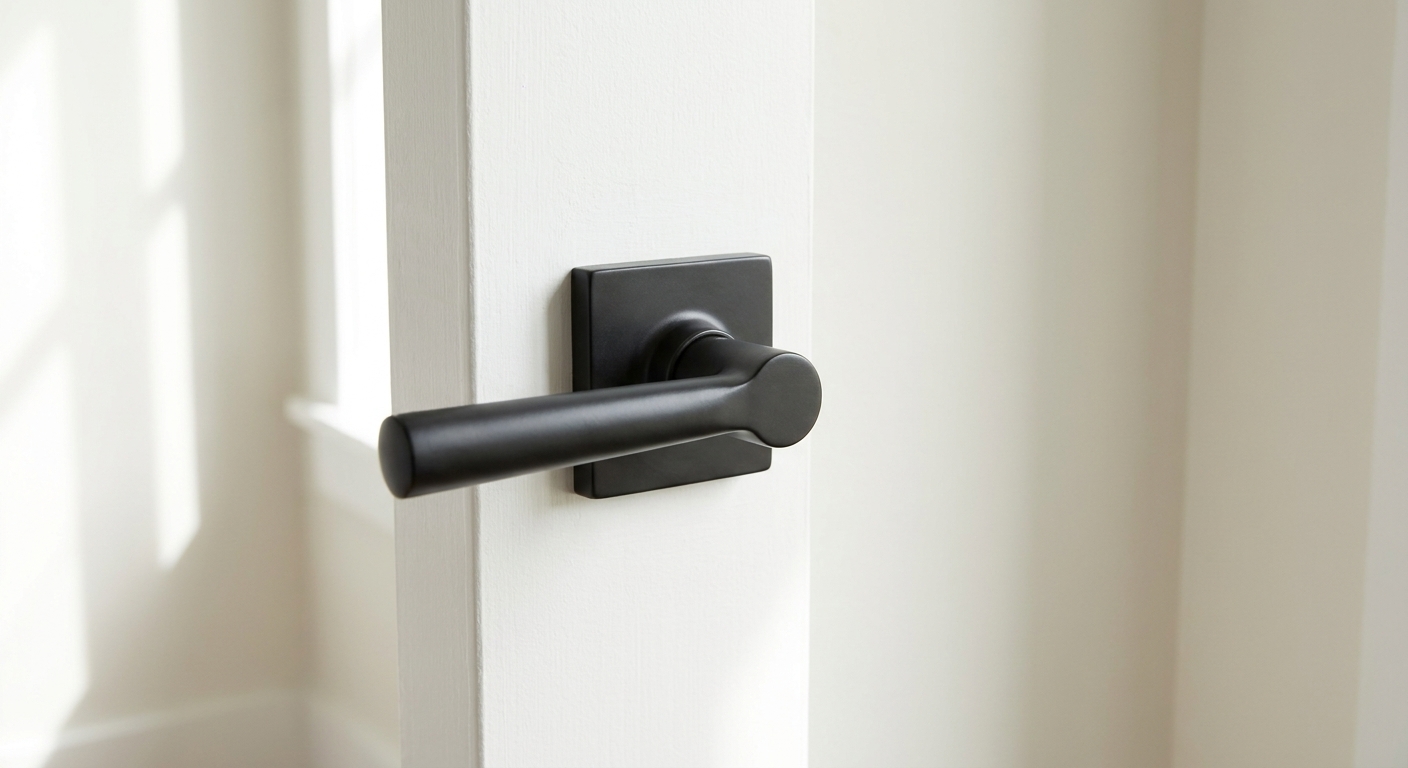 A close view of a matte black lever door handle on a white interior door next to a softly painted off-white wall with natural window light
