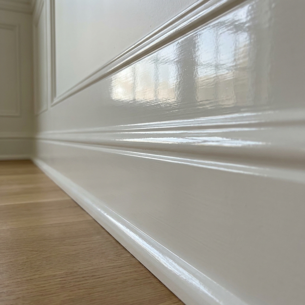 A close view of white baseboards with a very reflective glossy finish, showing clear light reflections along the trim edge