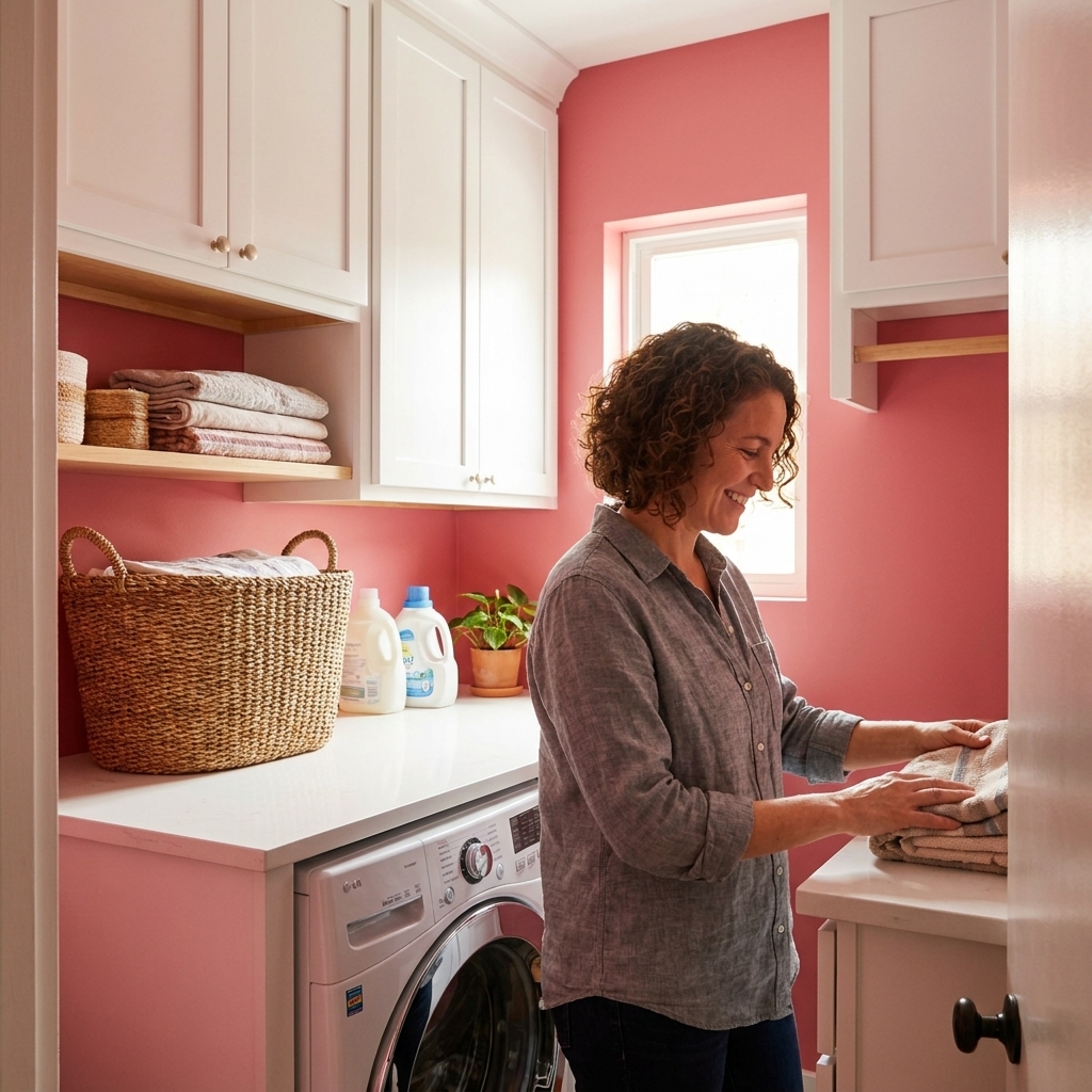 A compact laundry room painted a bold warm pink with white cabinets, a woven basket on open shelving, and a front-loading washer beneath a simple countertop.