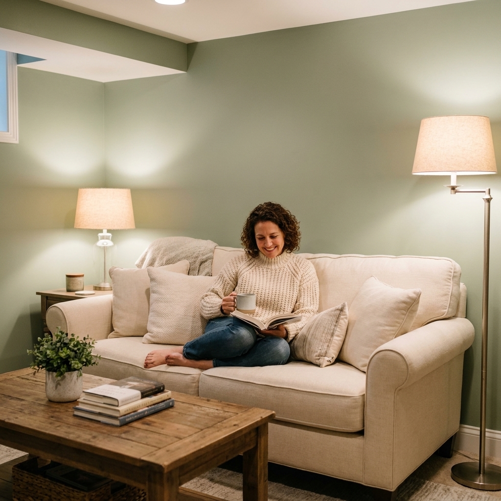 A cozy basement sitting area with soft sage painted walls, a cream sofa, a wood coffee table, and warm lamplight creating a comfortable, inviting feel