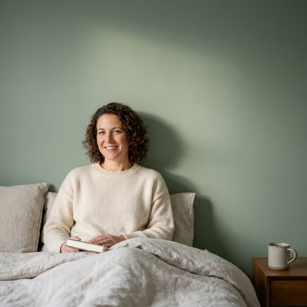 A cozy bedroom with a painted wall in a muted color showing a very soft glow, with minimal light reflection and a relaxed, matte-leaning appearance