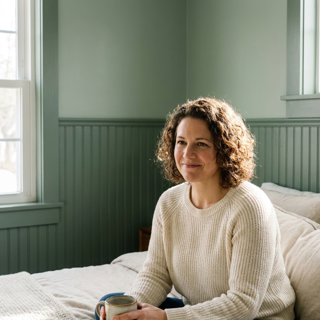 A cozy bedroom with monochromatic paint where the lower wall paneling is a deeper shade than the upper wall, creating subtle depth with soft natural light