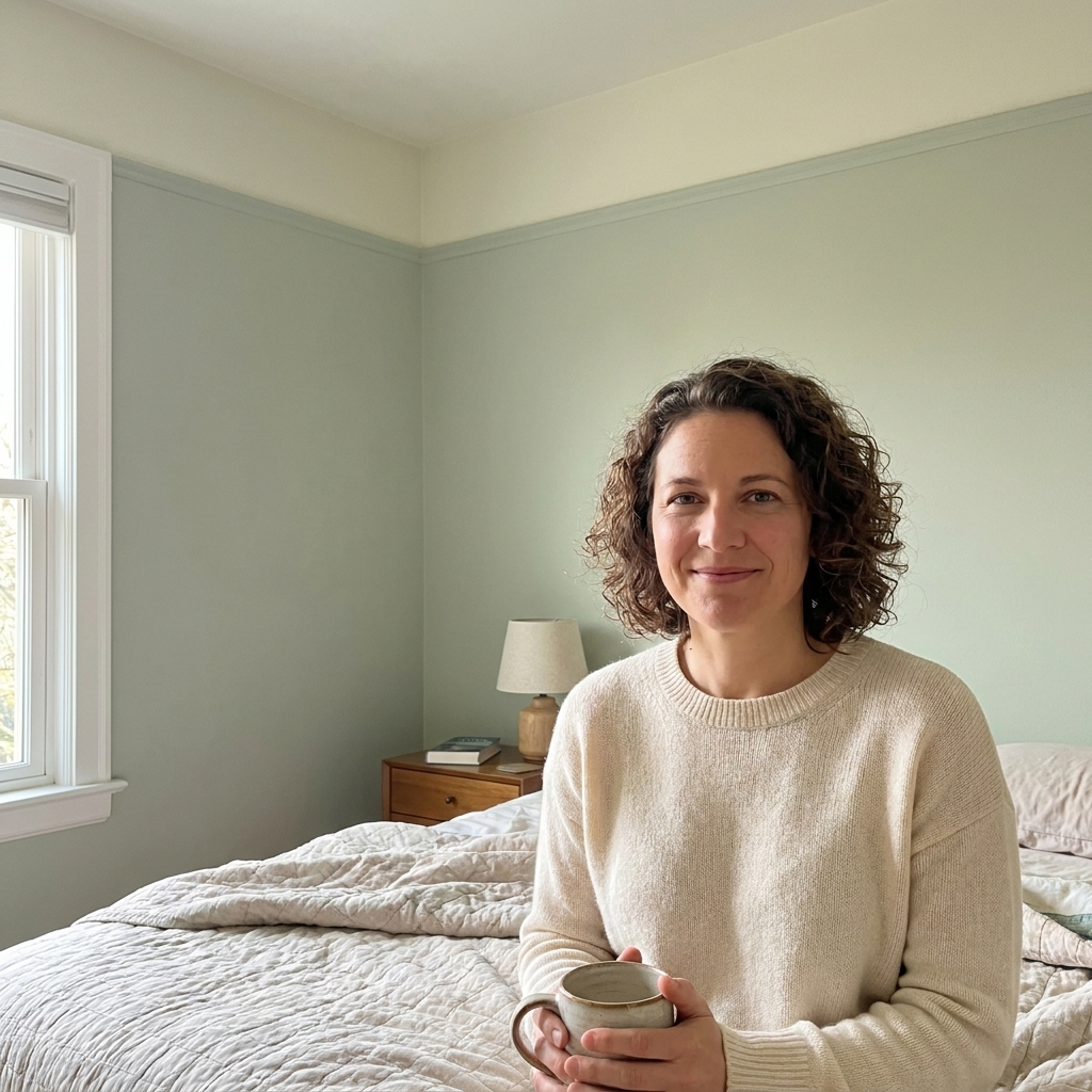 A cozy bedroom with pale colored walls and a slightly lighter tinted ceiling, showing a seamless transition at the crown molding