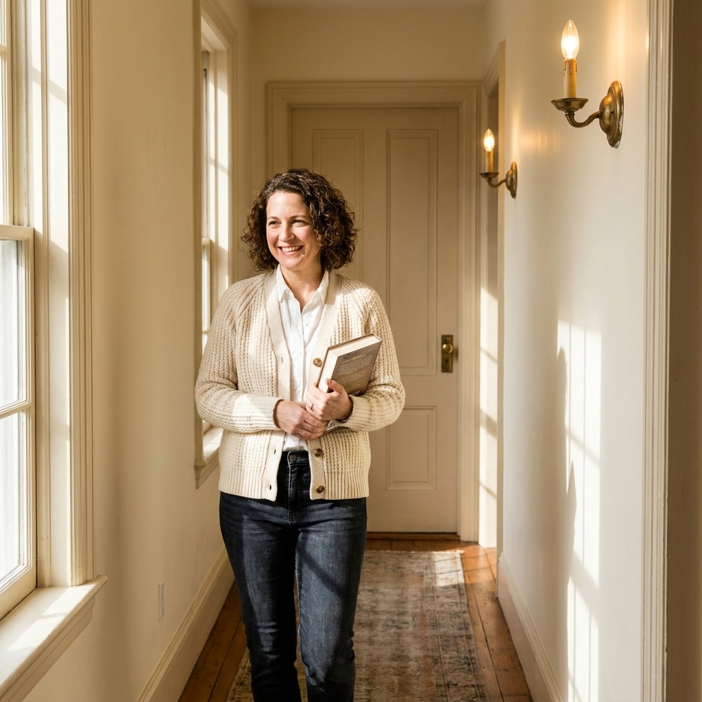 A cozy hallway painted a creamy warm white with brass wall sconces and a brass door knob, lit by soft afternoon light