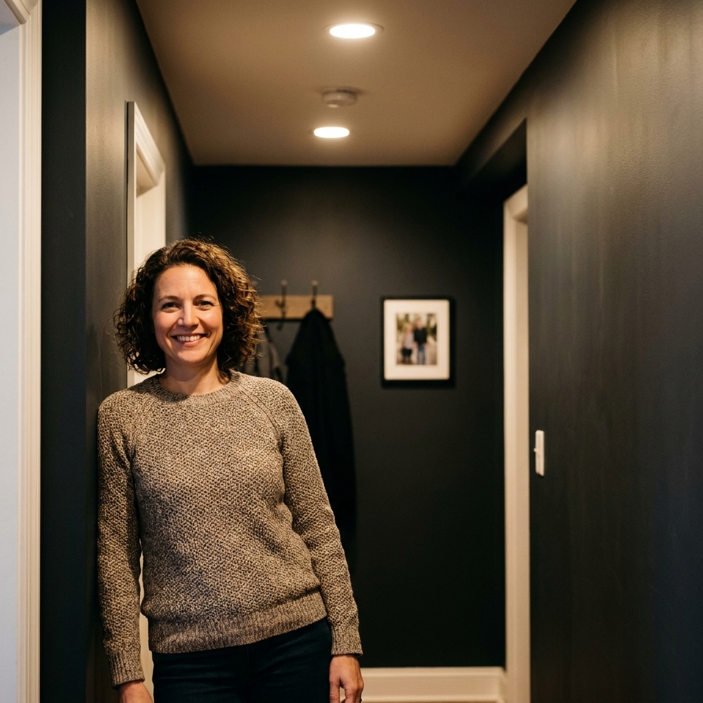 A cozy hallway painted in a deep color with a durable matte finish, showing minimal glare under warm ceiling lighting