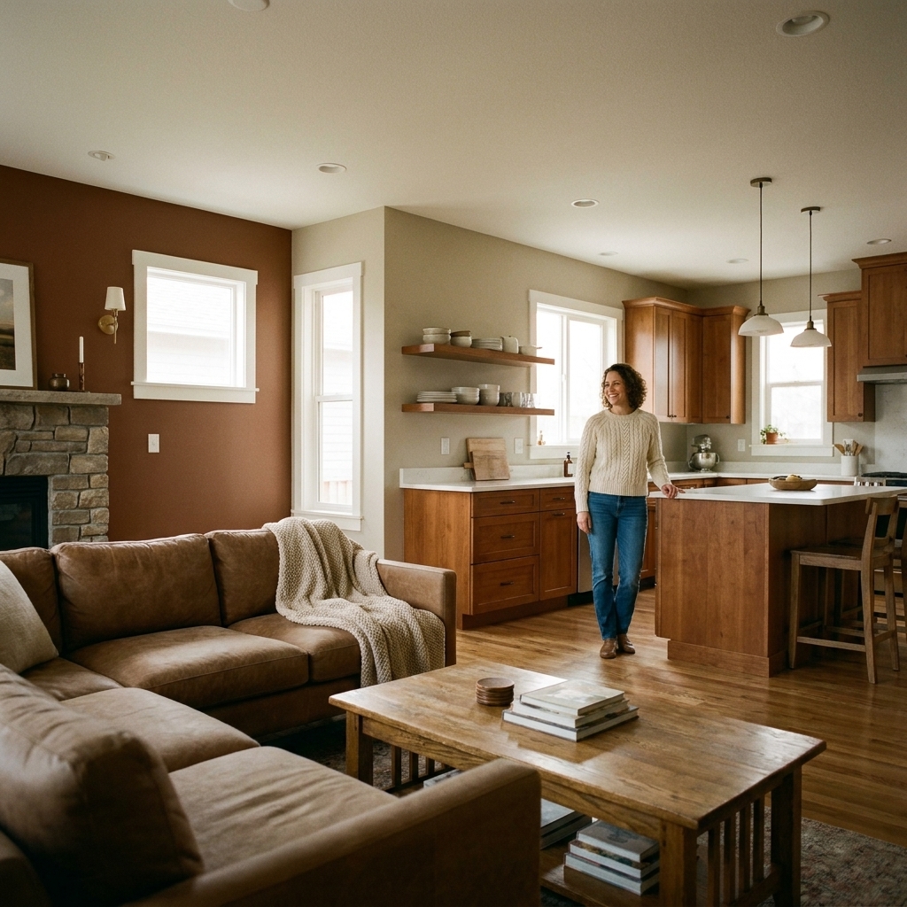 A cozy open concept kitchen and living room with warm greige walls, oak flooring, and a slightly deeper earthy accent wall in the living area