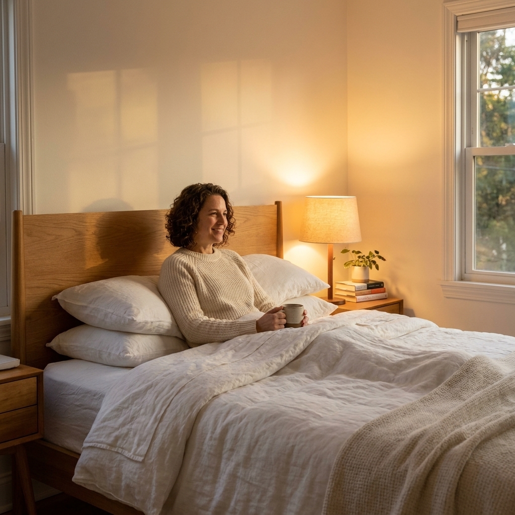 A cozy primary bedroom with warm white walls, layered white bedding, light wood accents, and soft evening lamp light