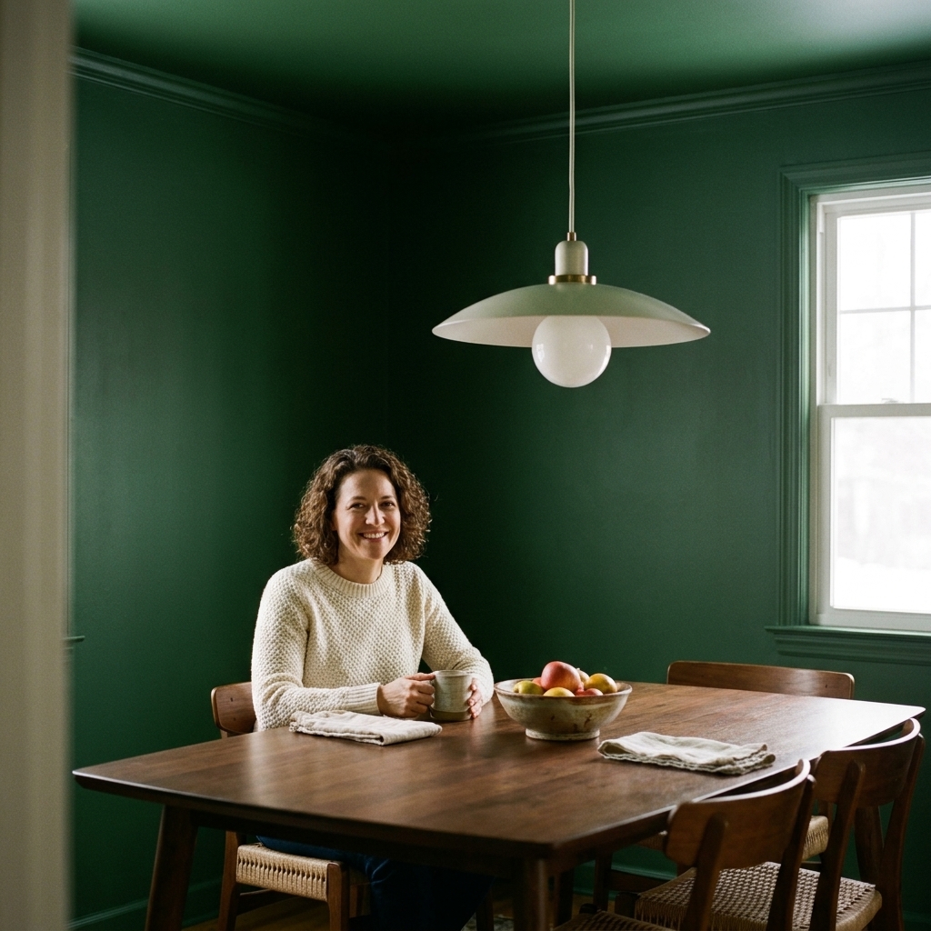 A dining room where the walls and ceiling are painted the same rich color, creating a cozy wrapped effect with minimal glare