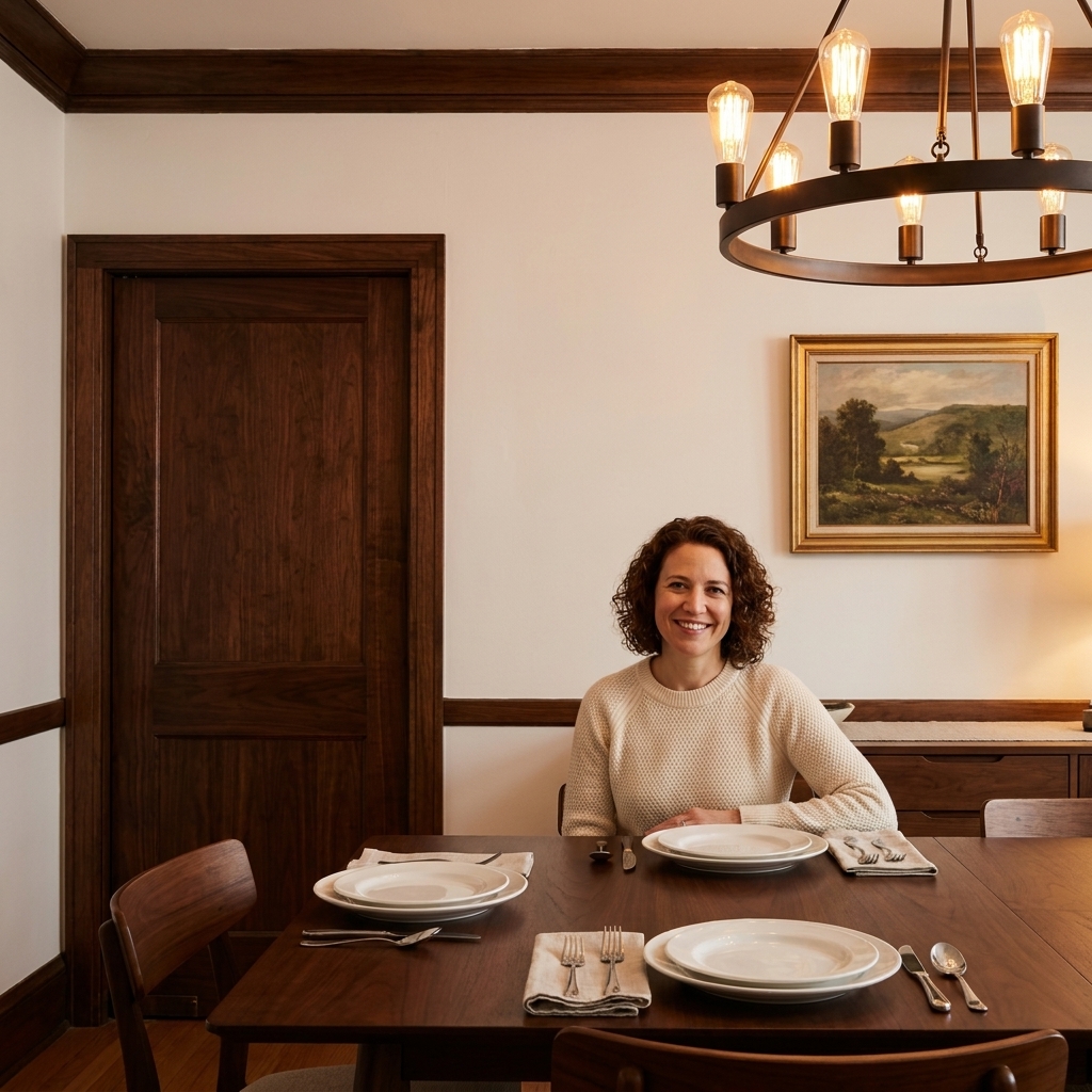 A dining room with dark walnut door and trim, paired with soft white walls and warm overhead lighting