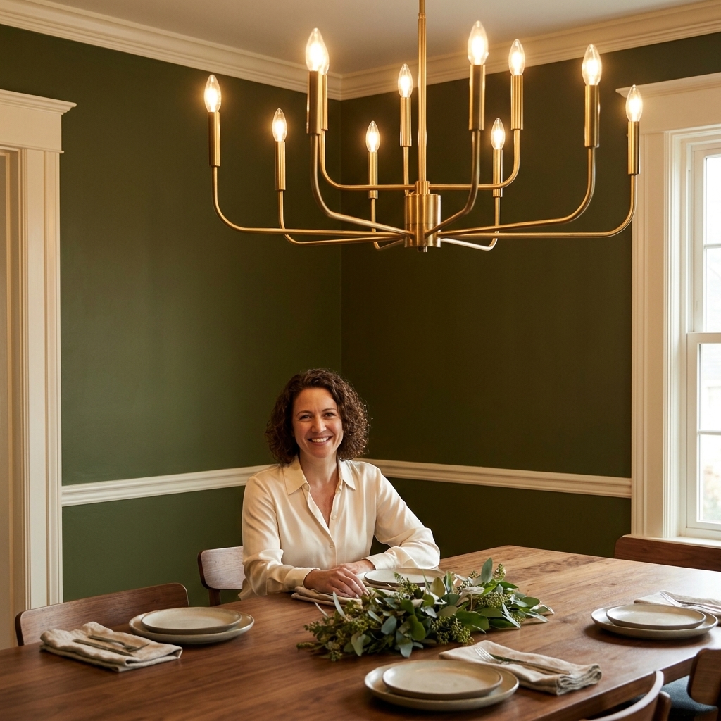 A dining room with deep olive green walls, warm white trim, a walnut dining table, and a brass chandelier glowing softly