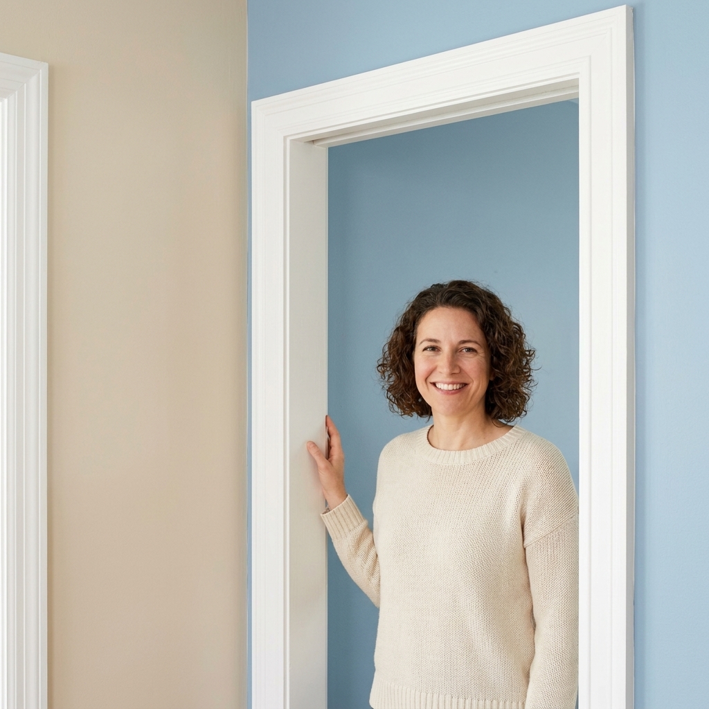 A doorway where one room’s wall color ends crisply at the inside corner and the adjacent room begins with a different wall color, with clean white casing