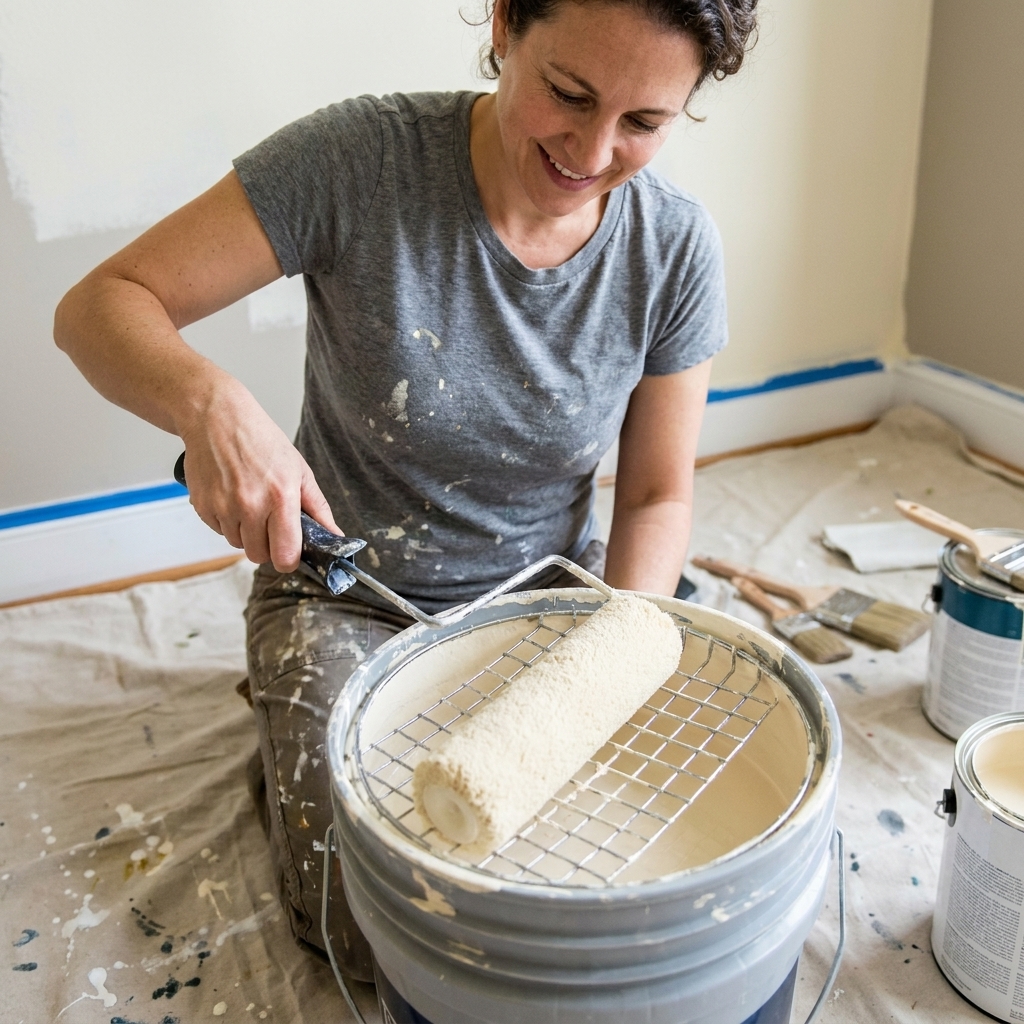 A five-gallon paint bucket with a metal roller grid and a thick-nap roller being loaded evenly with interior wall paint on a drop cloth