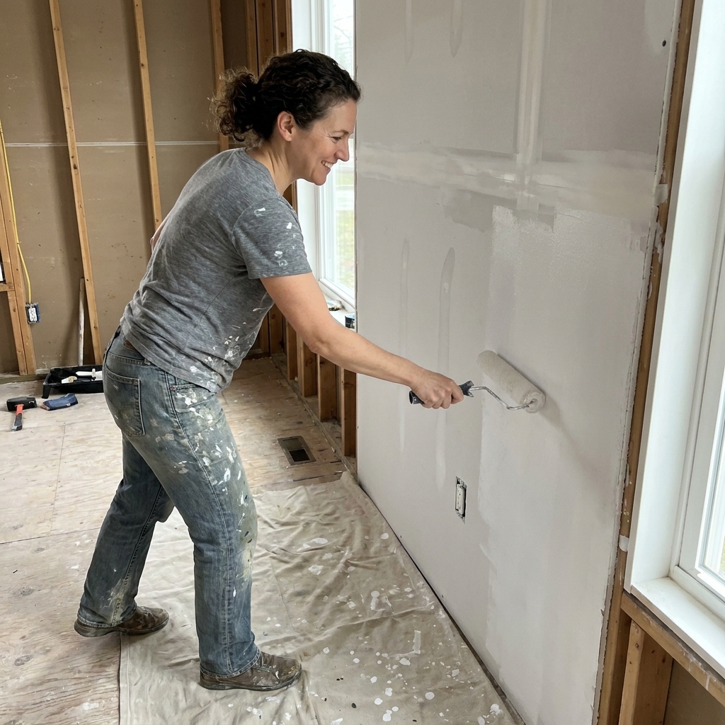 A freshly finished drywall wall being primed with a roller, with visible taped seams and a drop cloth on the floor in an unfinished room