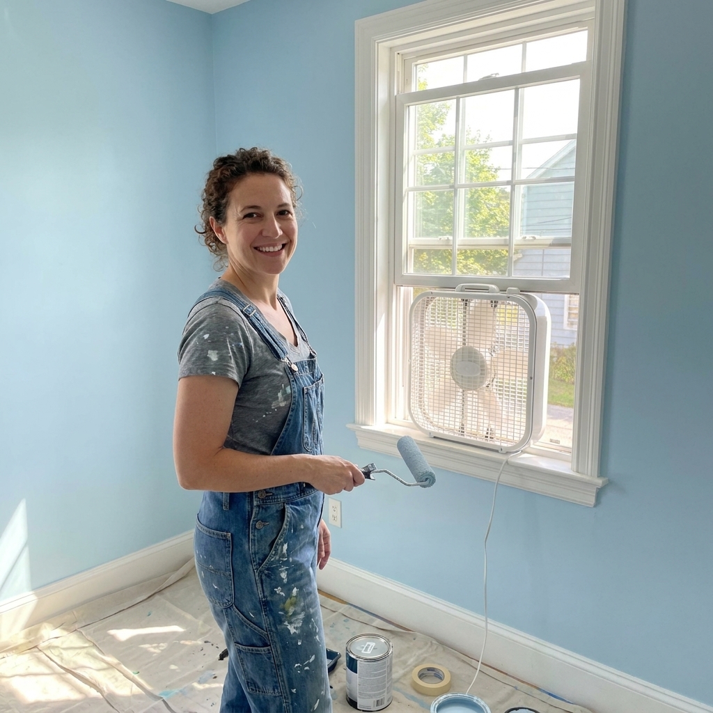 A freshly painted bedroom with open windows and a box fan facing outward to ventilate the room.