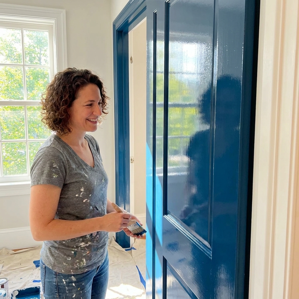 A freshly painted interior door in high-gloss finish reflecting window light, with crisp edges and smooth surface