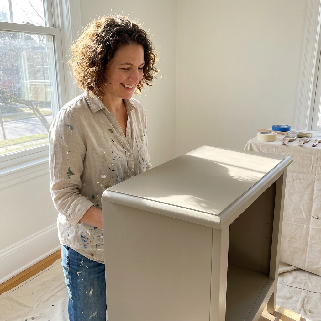 A freshly painted matte nightstand in a neutral color sitting in a sunlit room, showing a smooth finish and clean edges