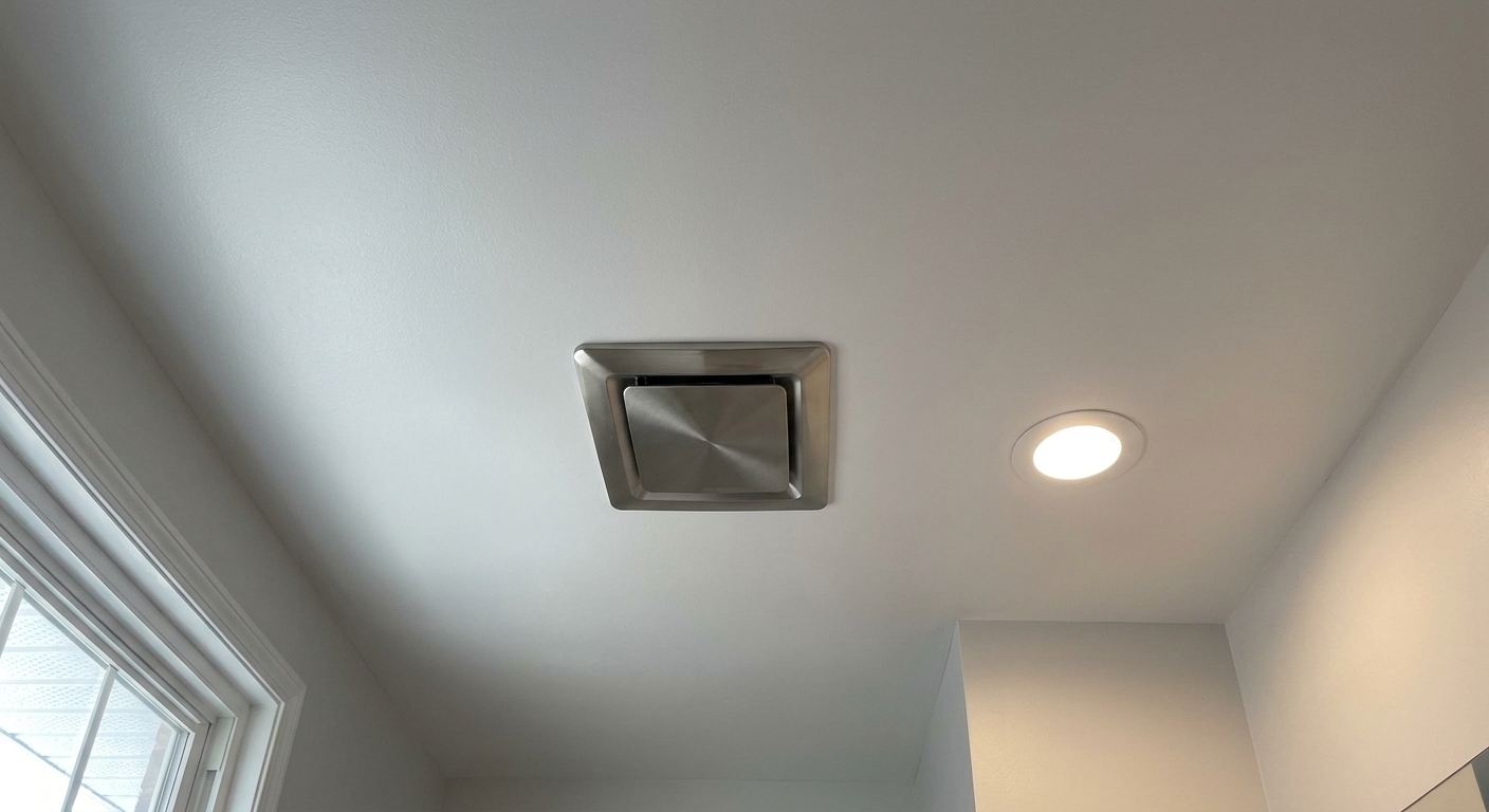 A freshly painted white bathroom ceiling with a modern exhaust fan and recessed light, showing a clean smooth finish with no stains