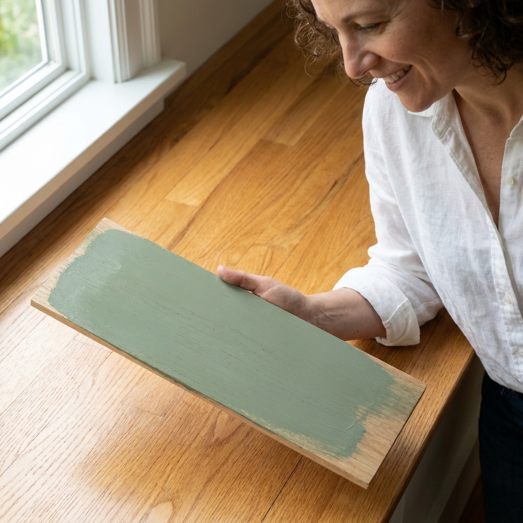 A green paint sample board held above a warm-toned wood floor in daylight, showing how the green undertone interacts with the wood
