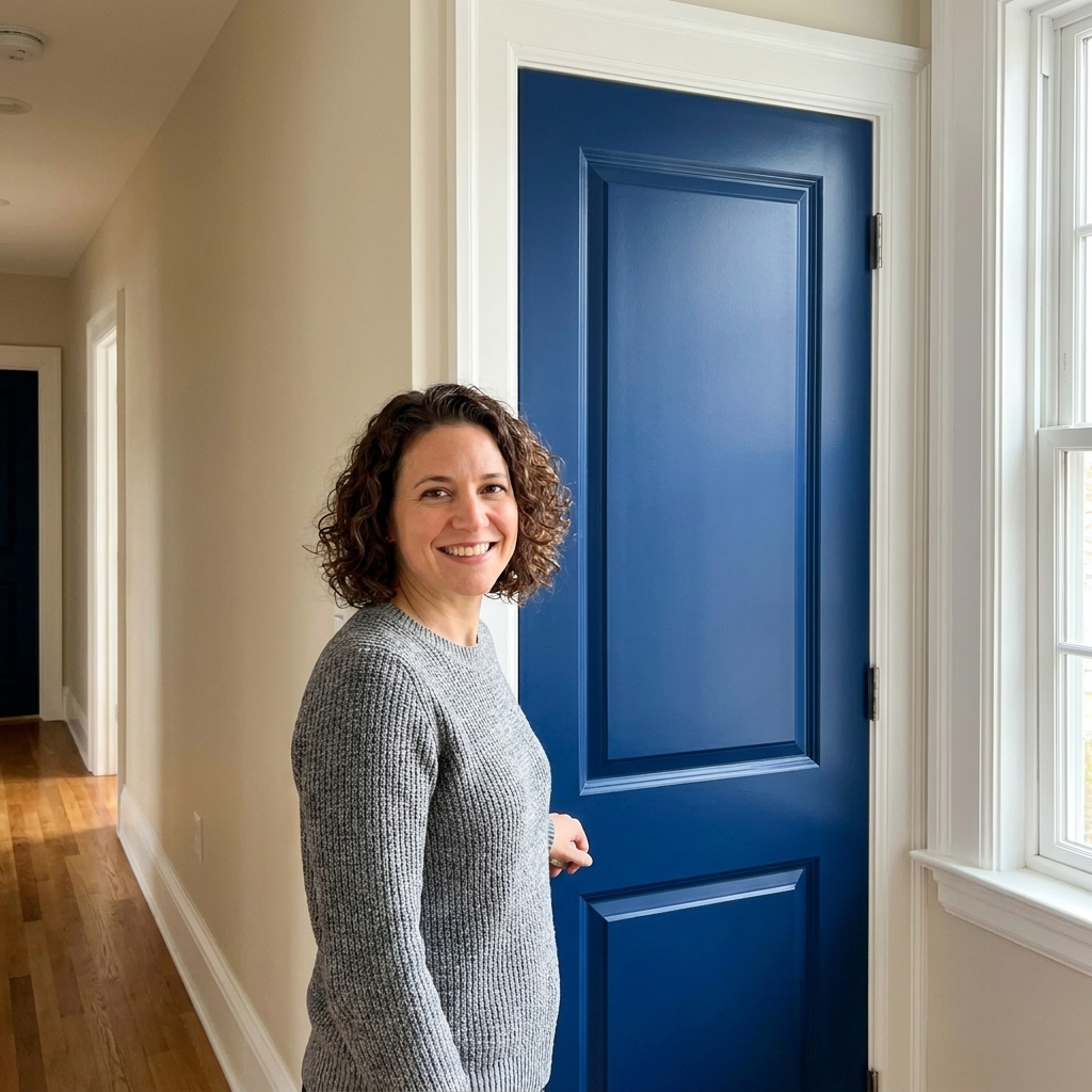 A hallway with one interior door painted in a bold accent color, surrounded by lighter walls and clean trim