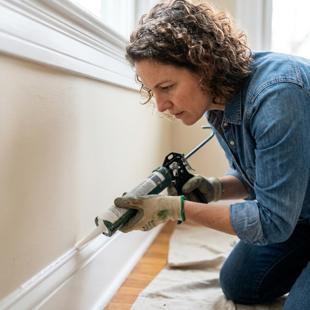 A hand applying a thin bead of white caulk along the seam where a baseboard meets a painted wall