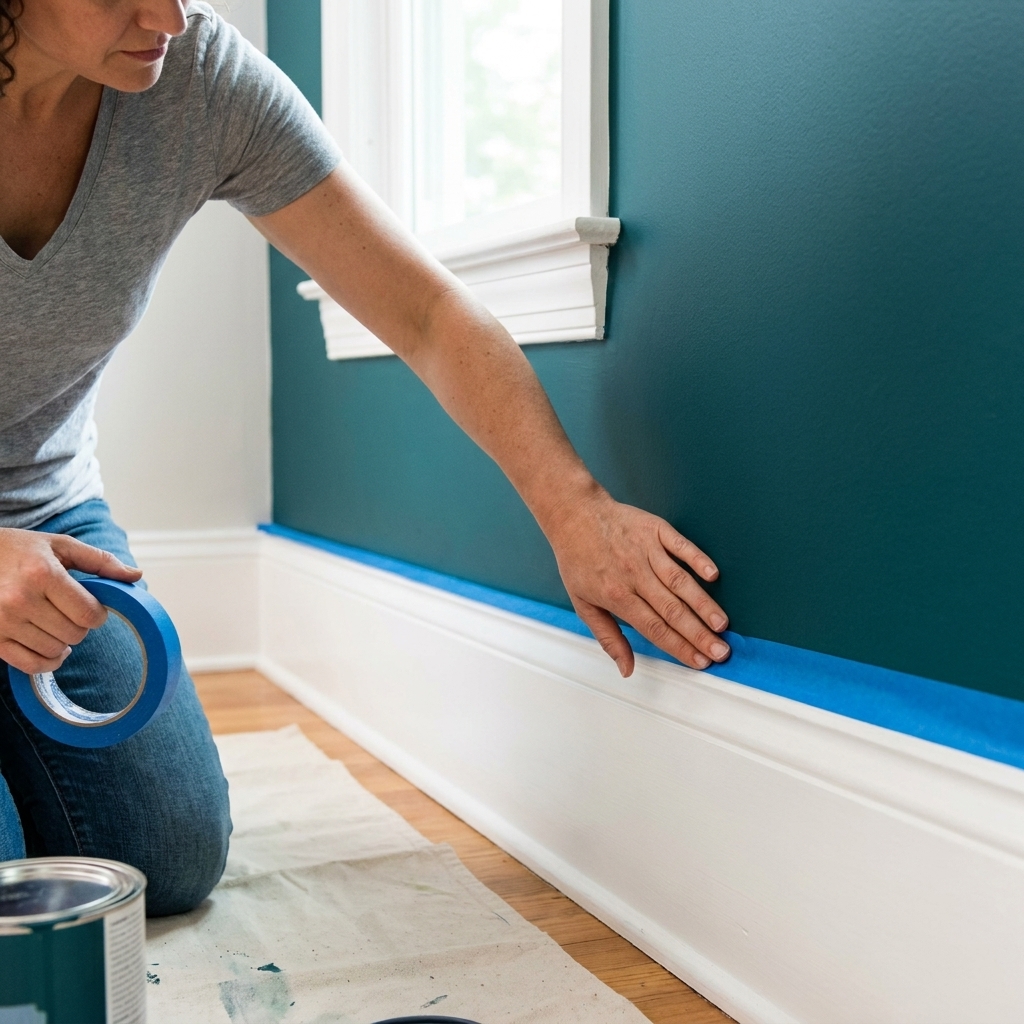A hand applying painter’s tape along white baseboard trim next to a darker accent wall color