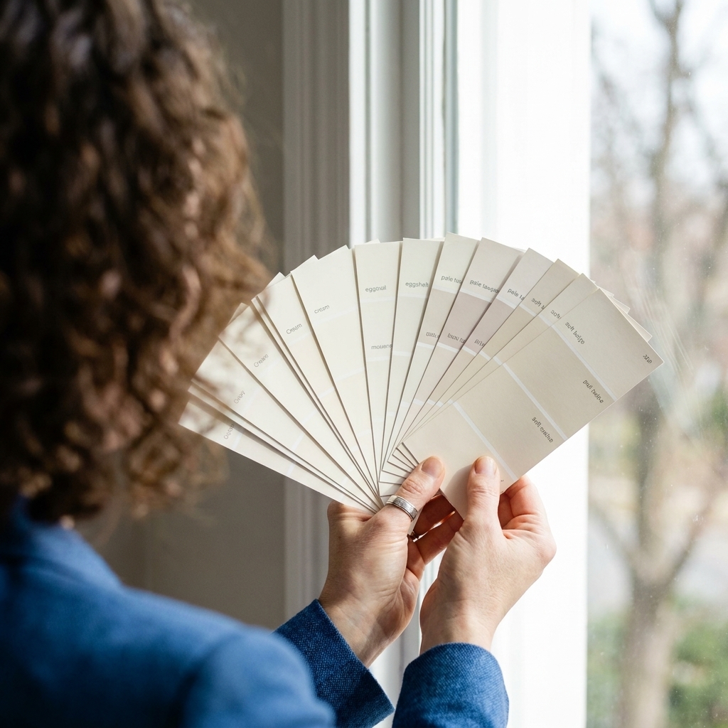 A hand holding a fan deck of paint swatches near a window in daylight, showing subtle undertone differences in similar colors