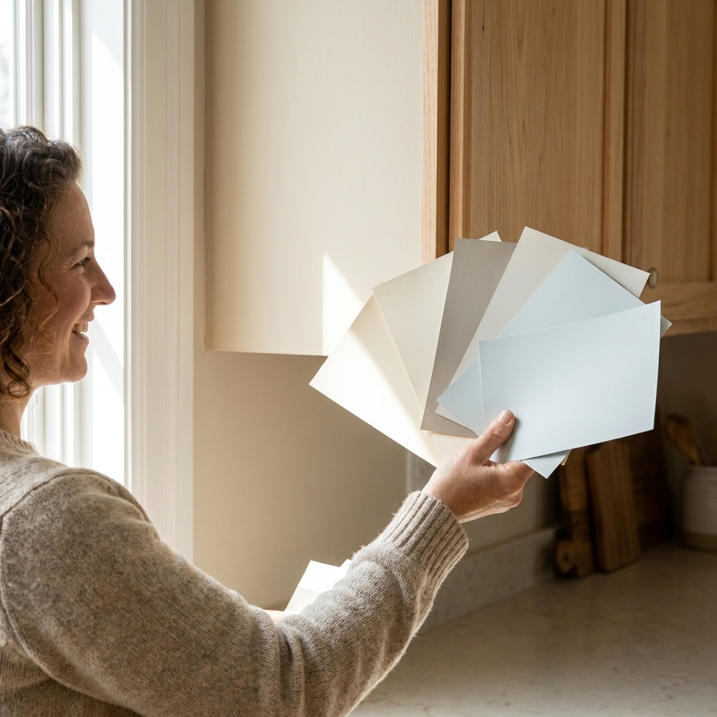 A hand holding several large paint swatches against a kitchen wall near cabinet doors, showing how undertones shift in natural window light