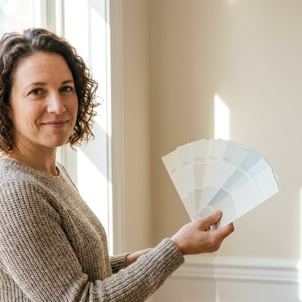 A hand holding several paint swatches against a wall near white baseboard trim, with daylight showing subtle undertones in the samples