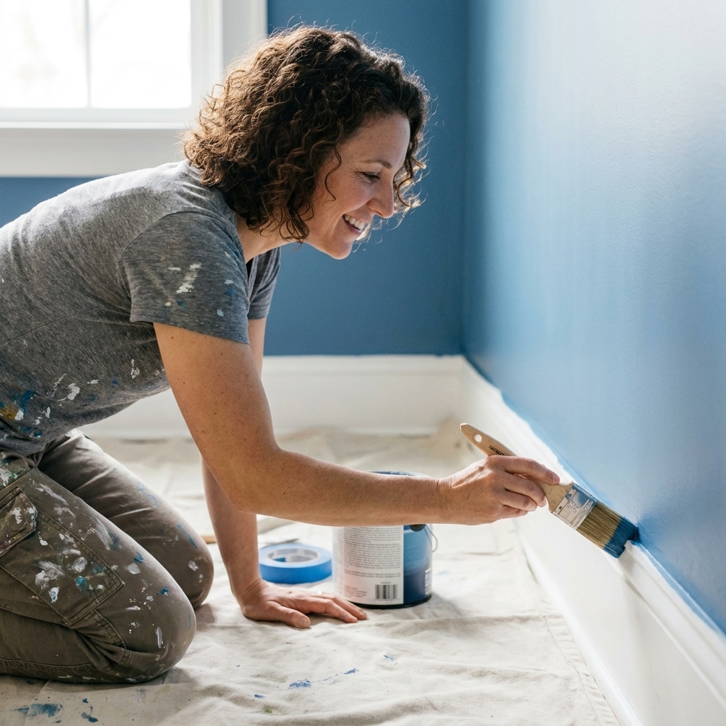 A hand painting a clean line where a colored wall meets a white baseboard using an angled sash brush, with a drop cloth on the floor
