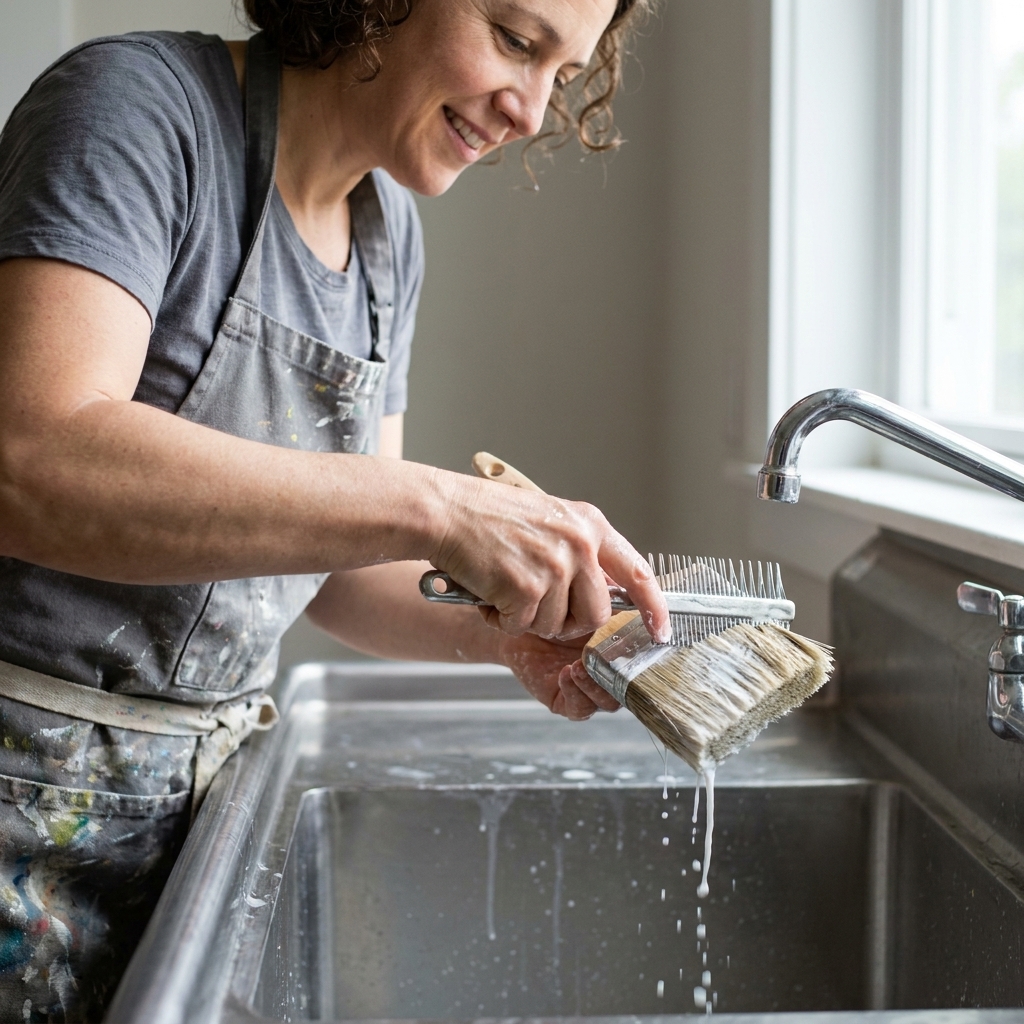 A hand using a metal brush comb to pull water and remaining latex paint from an angled sash brush over a utility sink