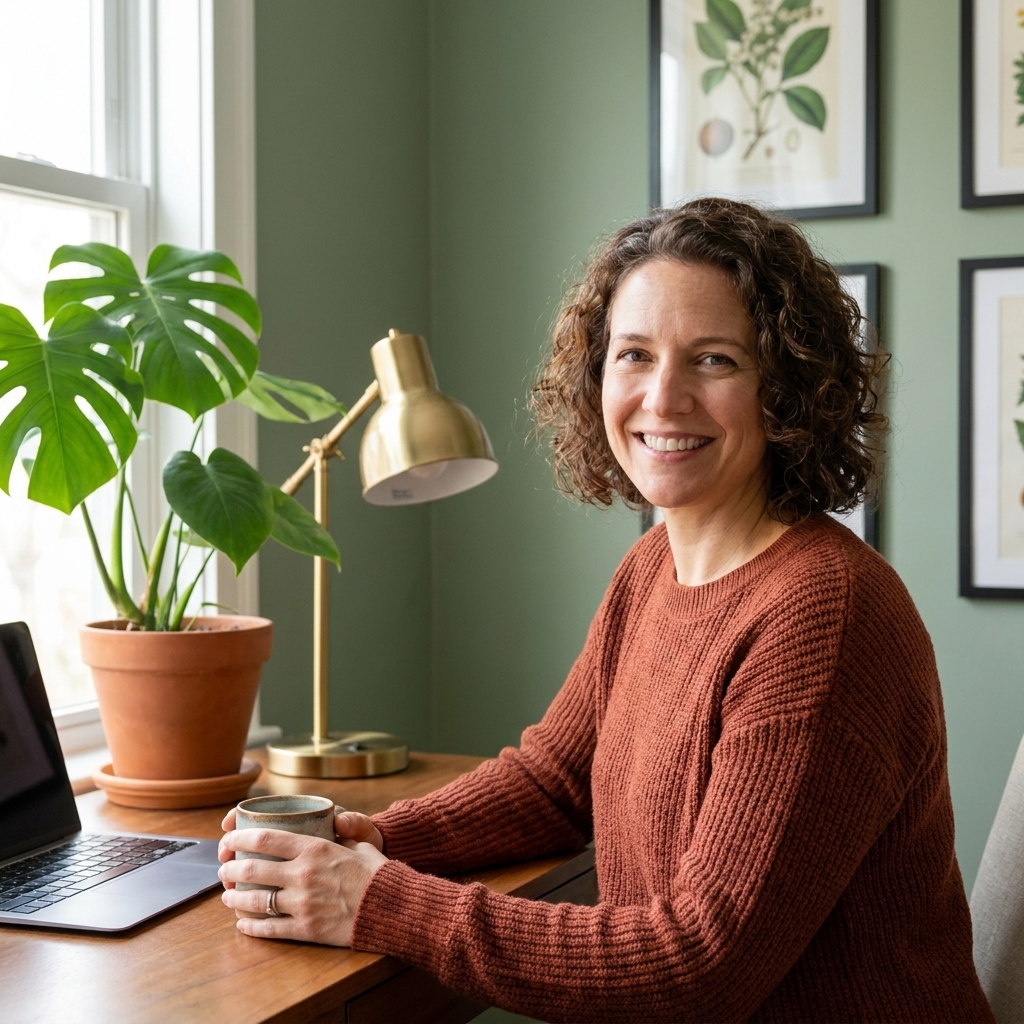A home office with sage green painted walls, a wooden desk, a desk lamp, and a leafy plant near a window