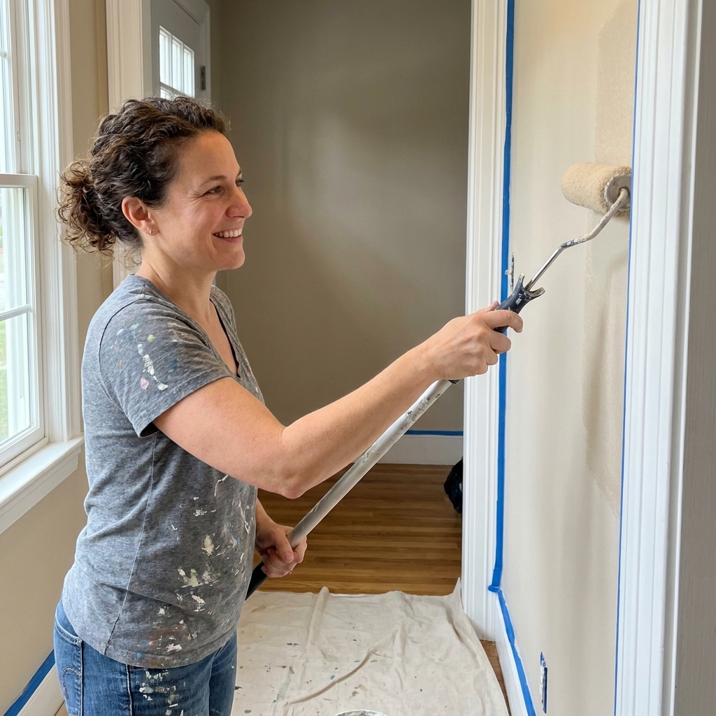 A homeowner rolling paint onto an entryway wall with a roller while trim and baseboards are taped off, with a drop cloth on the floor
