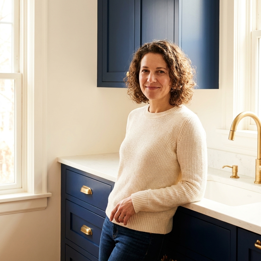 A kitchen with navy base cabinets and warm white walls, with brass hardware and daylight making the blue feel rich and cozy
