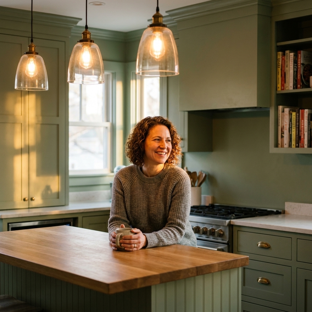 A kitchen with pendant lights turned on over an island, showing warm light reflecting on painted walls and cabinet faces