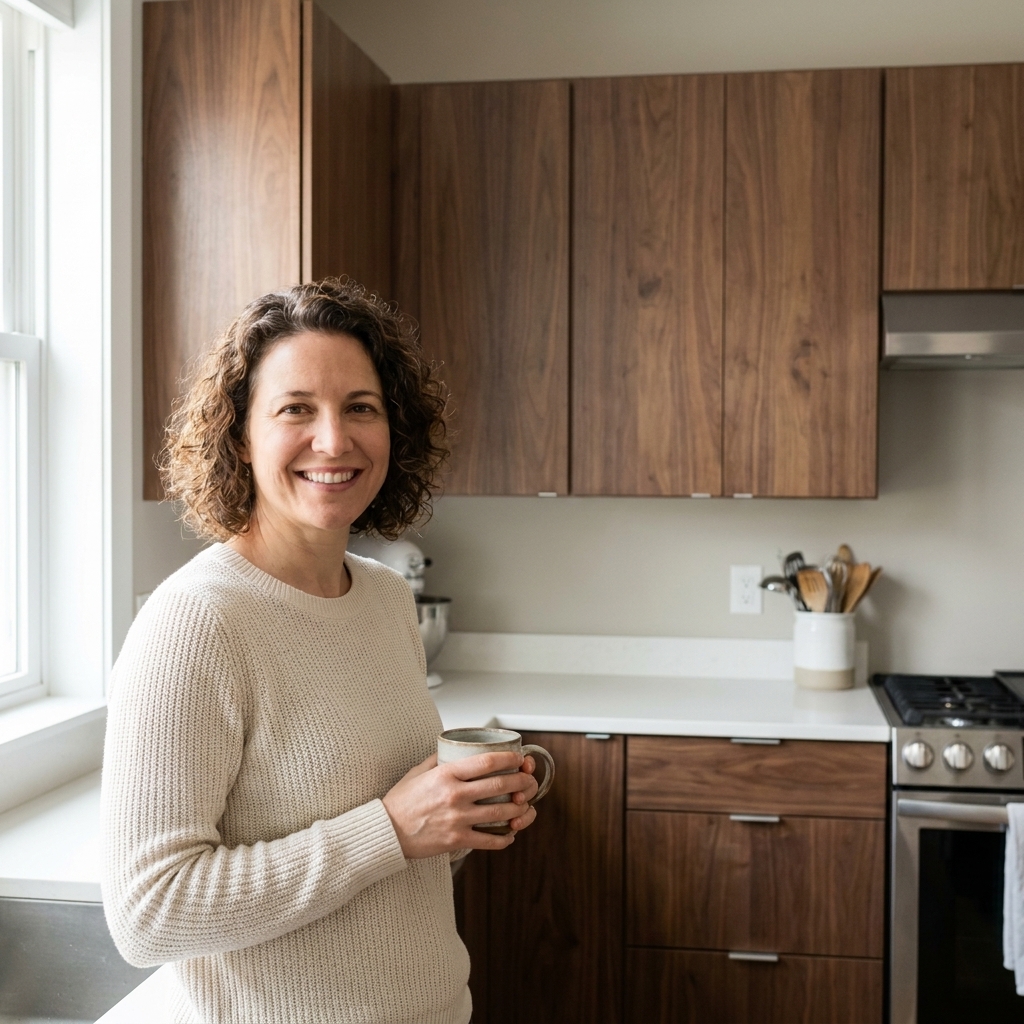 A kitchen with walnut flat-panel cabinets and light greige walls, with daylight showing the wall color staying neutral beside the wood