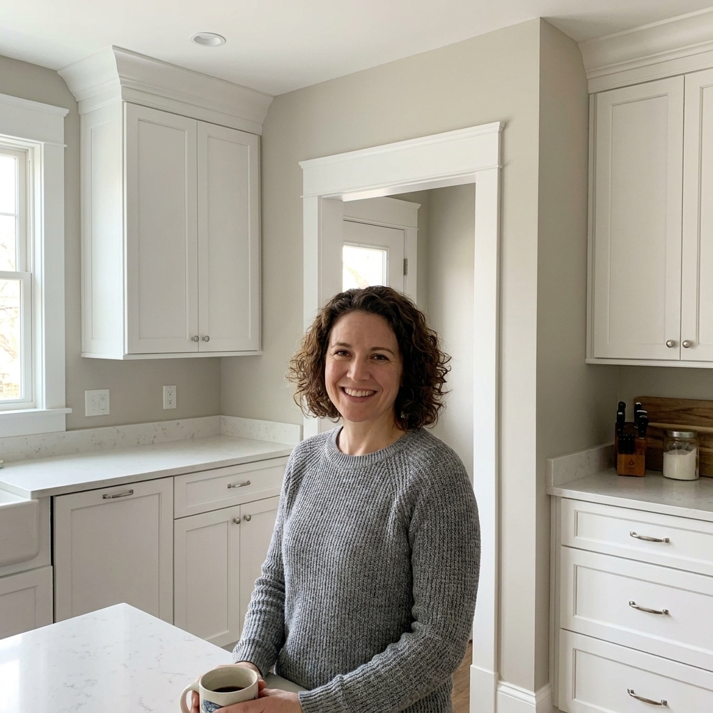 A kitchen with white shaker cabinets and a light greige wall color, showing gentle contrast around doorways and corners