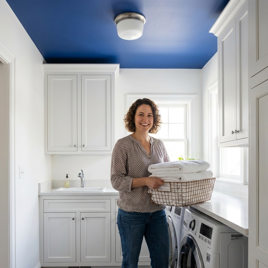 A laundry room with white walls and a bold painted ceiling in rich cobalt blue, with a simple ceiling light and white cabinetry.